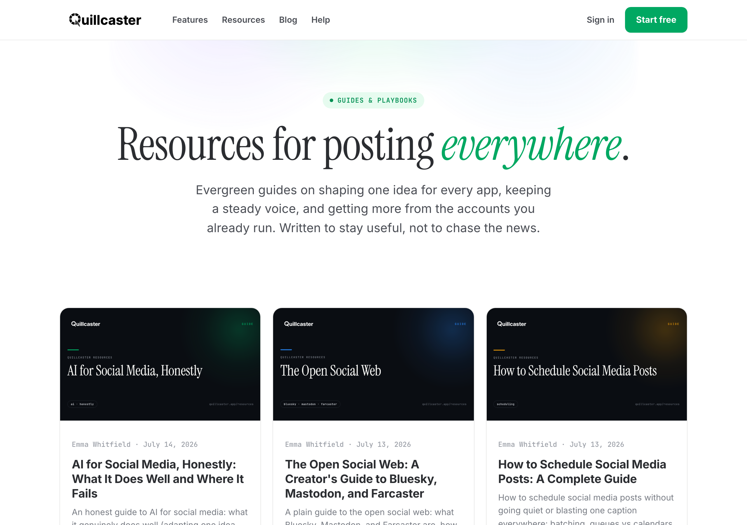 The Quillcaster Resources section, a library of in-depth social media guides