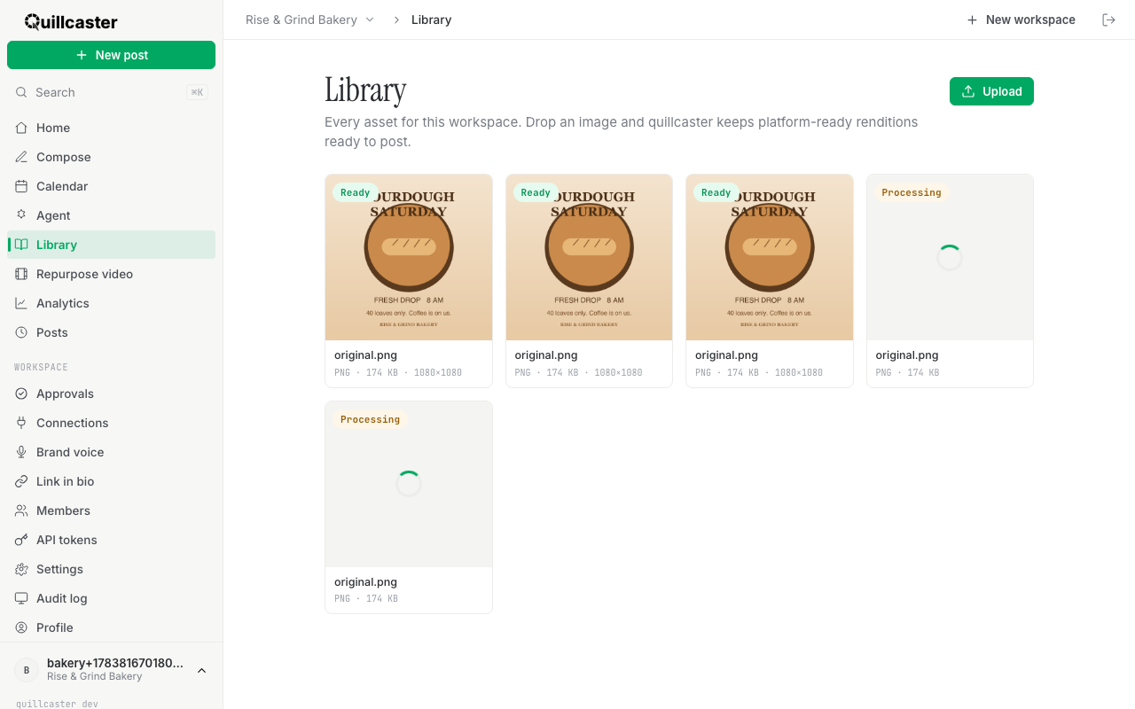 The quillcaster media library grid with an Upload button and image cards