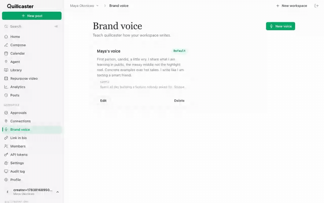 Creating a brand voice profile with a name and guidelines, then selecting it from the Voice menu in Compose