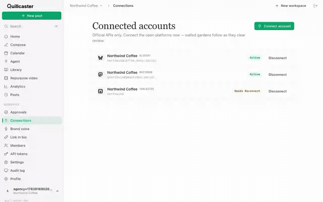 The Connected accounts page showing status tags, then starting a new connection and choosing a platform