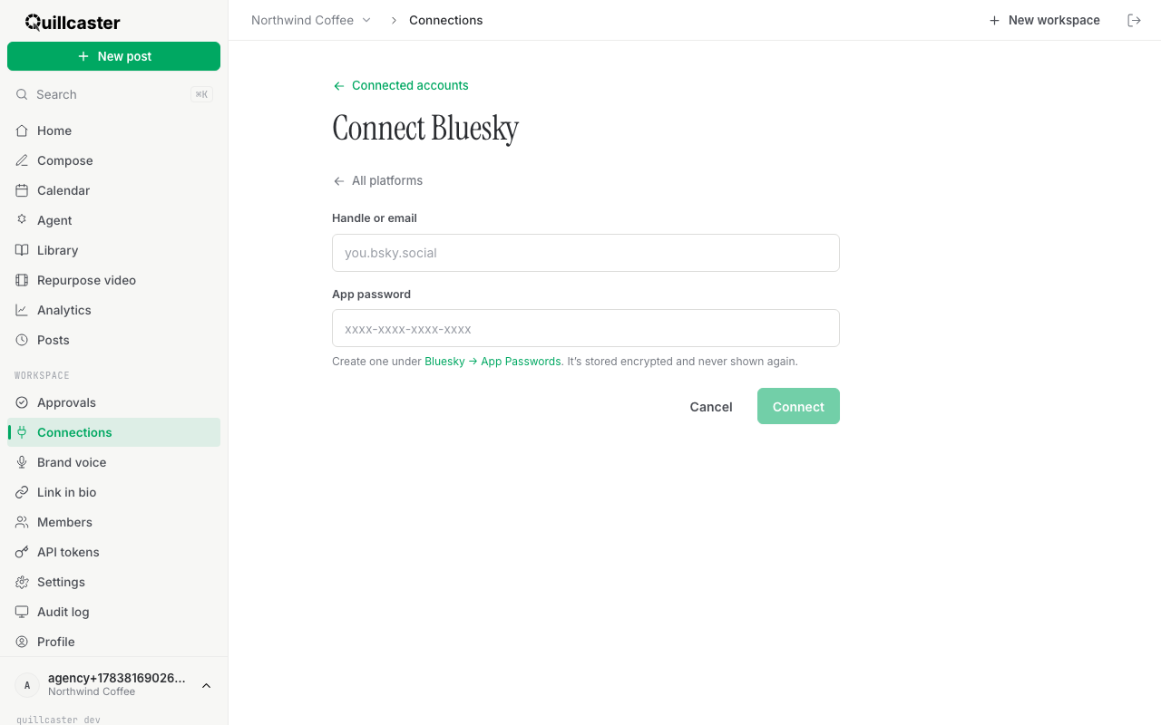 The quillcaster Bluesky connect form showing the handle and app password fields