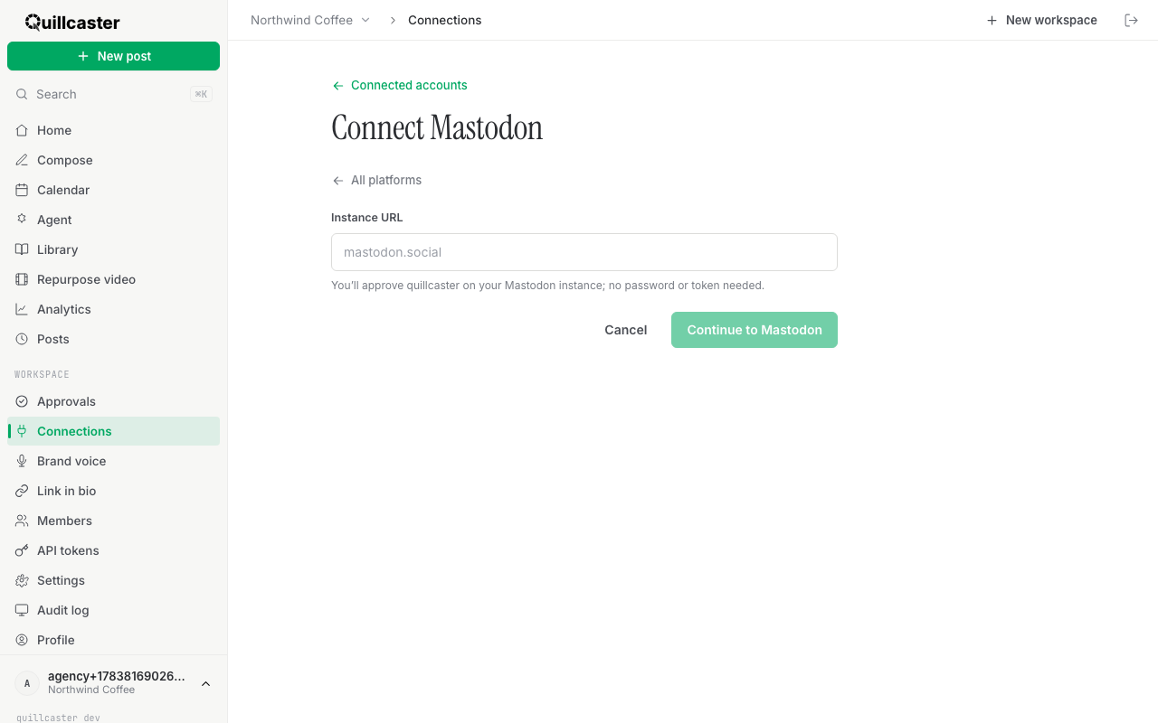 The quillcaster Mastodon connect form with the instance URL field