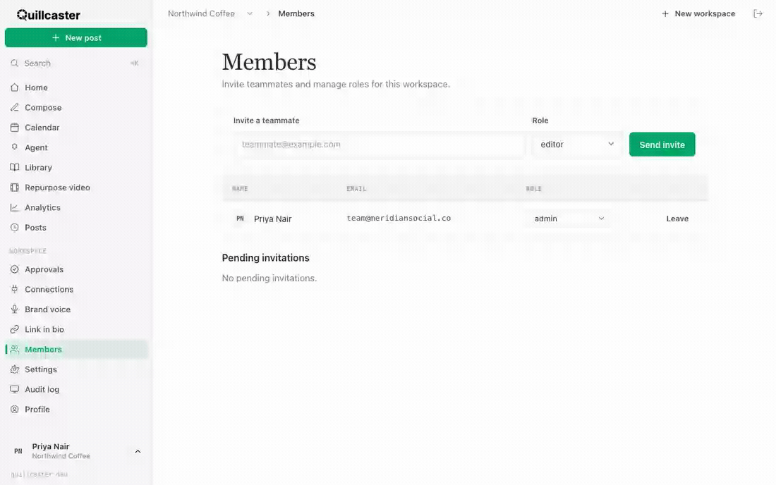 Inviting a teammate by email, choosing a role, and managing members on the Members page