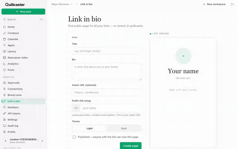 Filling in a link-in-bio page, adding links, reordering them, and publishing