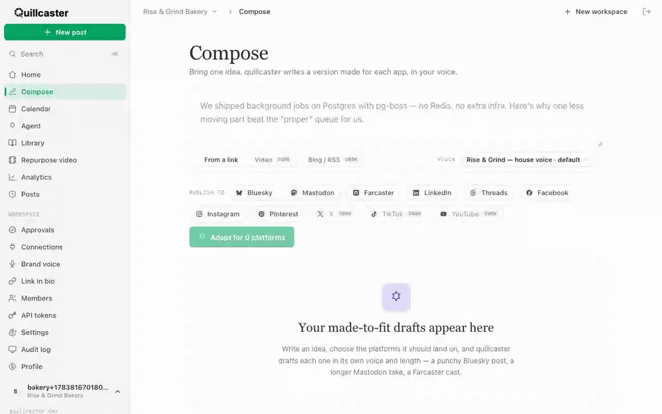 Turning on From a link in Compose, pasting a blog URL, and drafts appearing per platform