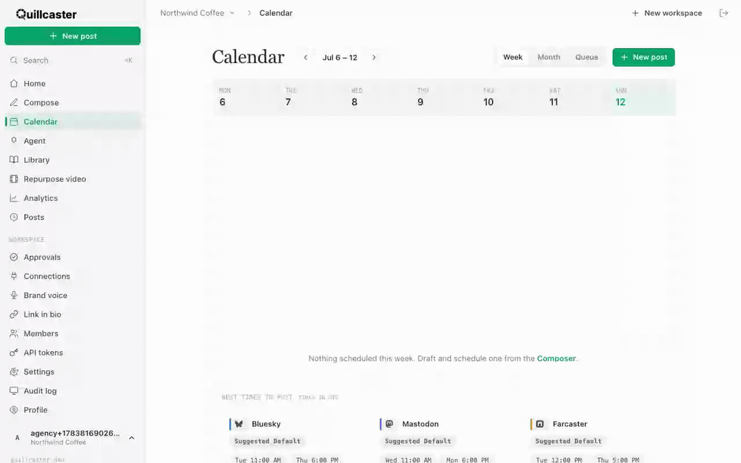Opening the schedule control on a Compose draft, picking a date and time, then viewing the post on the calendar in Week and Month views