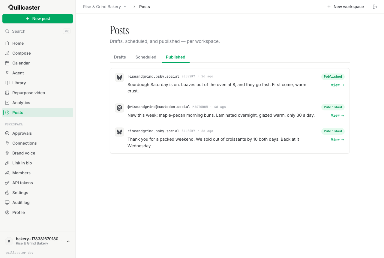 The Posts page showing Drafts, Scheduled, and Published tabs