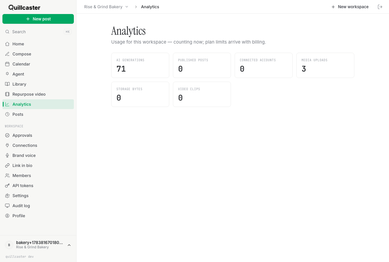 The usage grid showing counter cards per workspace metric