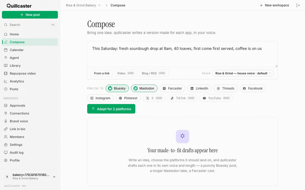 Typing an idea in Compose, adapting it for several platforms, and reviewing the per-app drafts