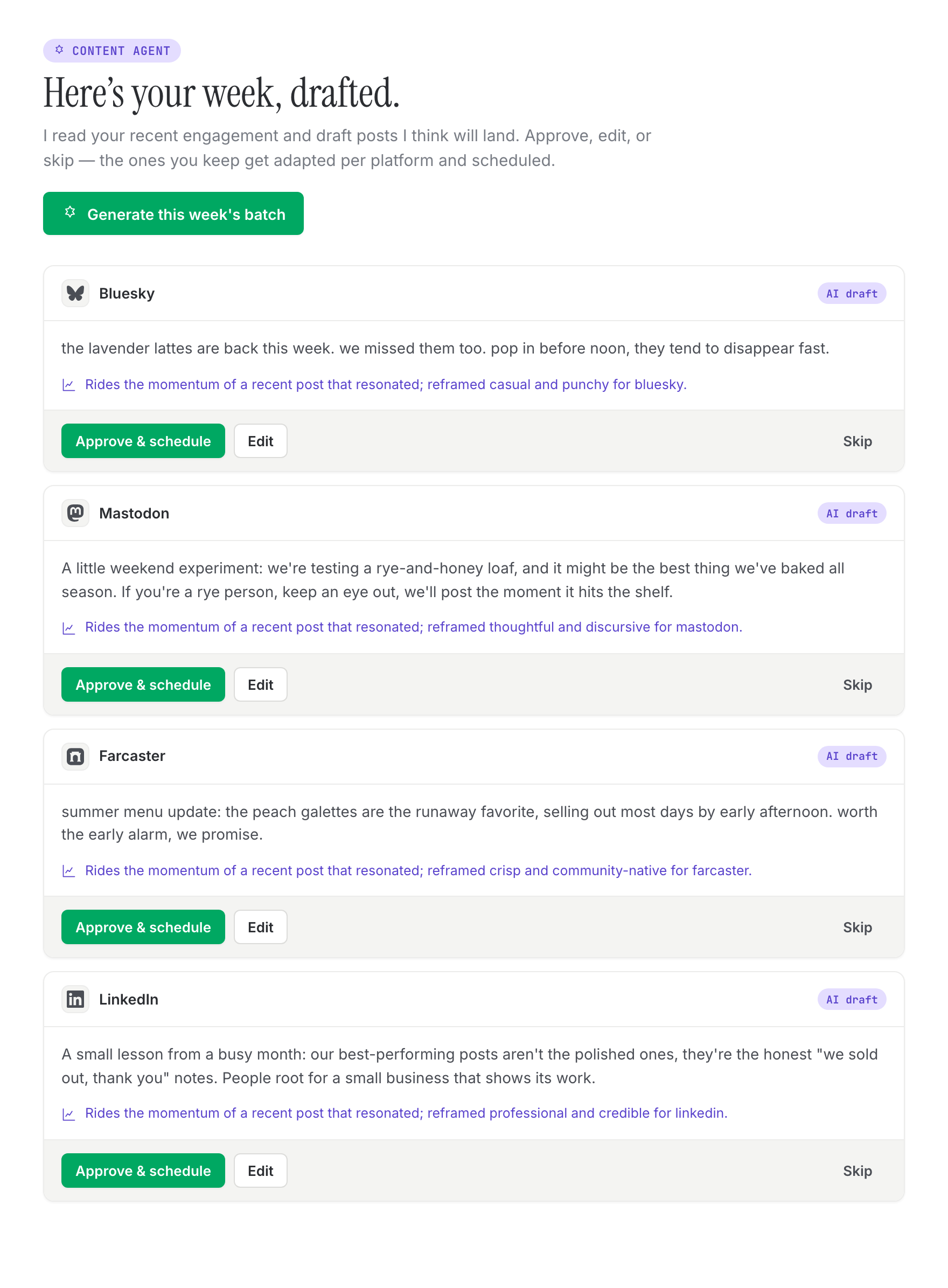 Quillcaster proposing next week of posts for you to approve or edit