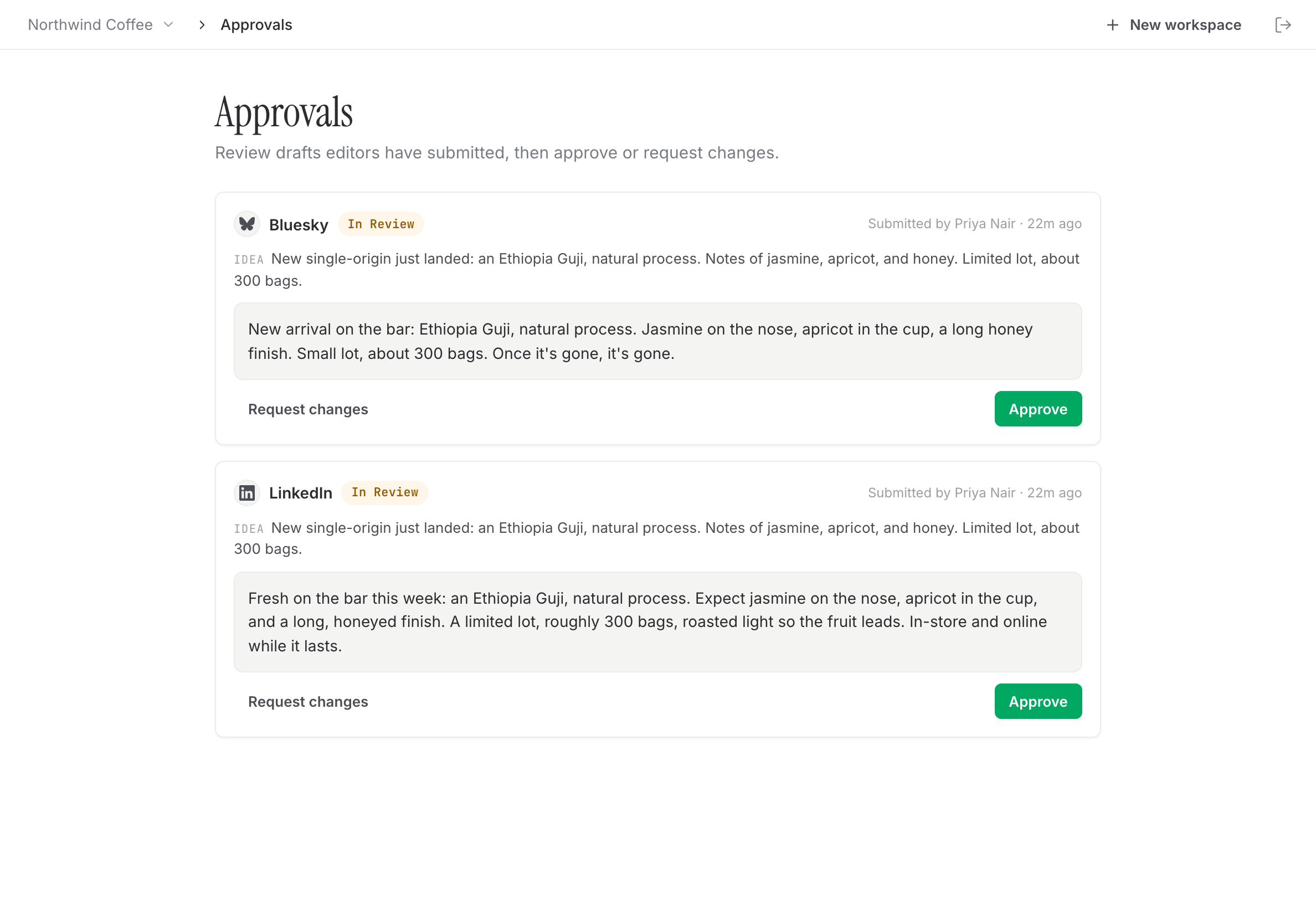 An approvals queue with Approve and Request changes