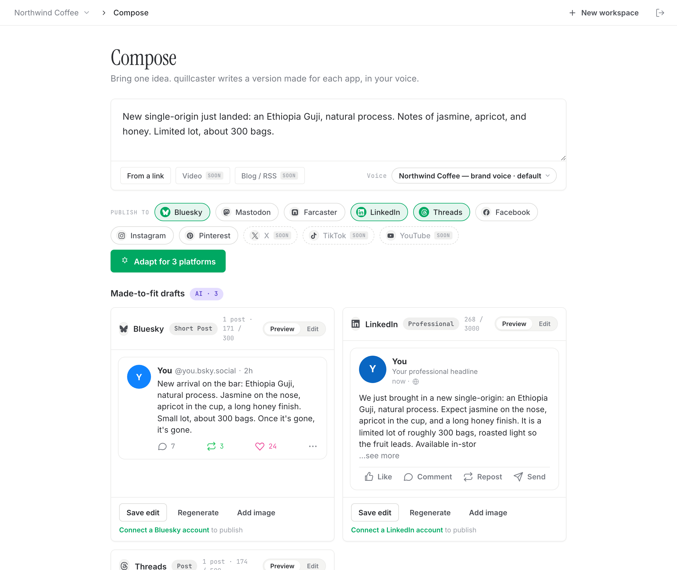 One idea turned into a post per app, each written in a client’s own voice