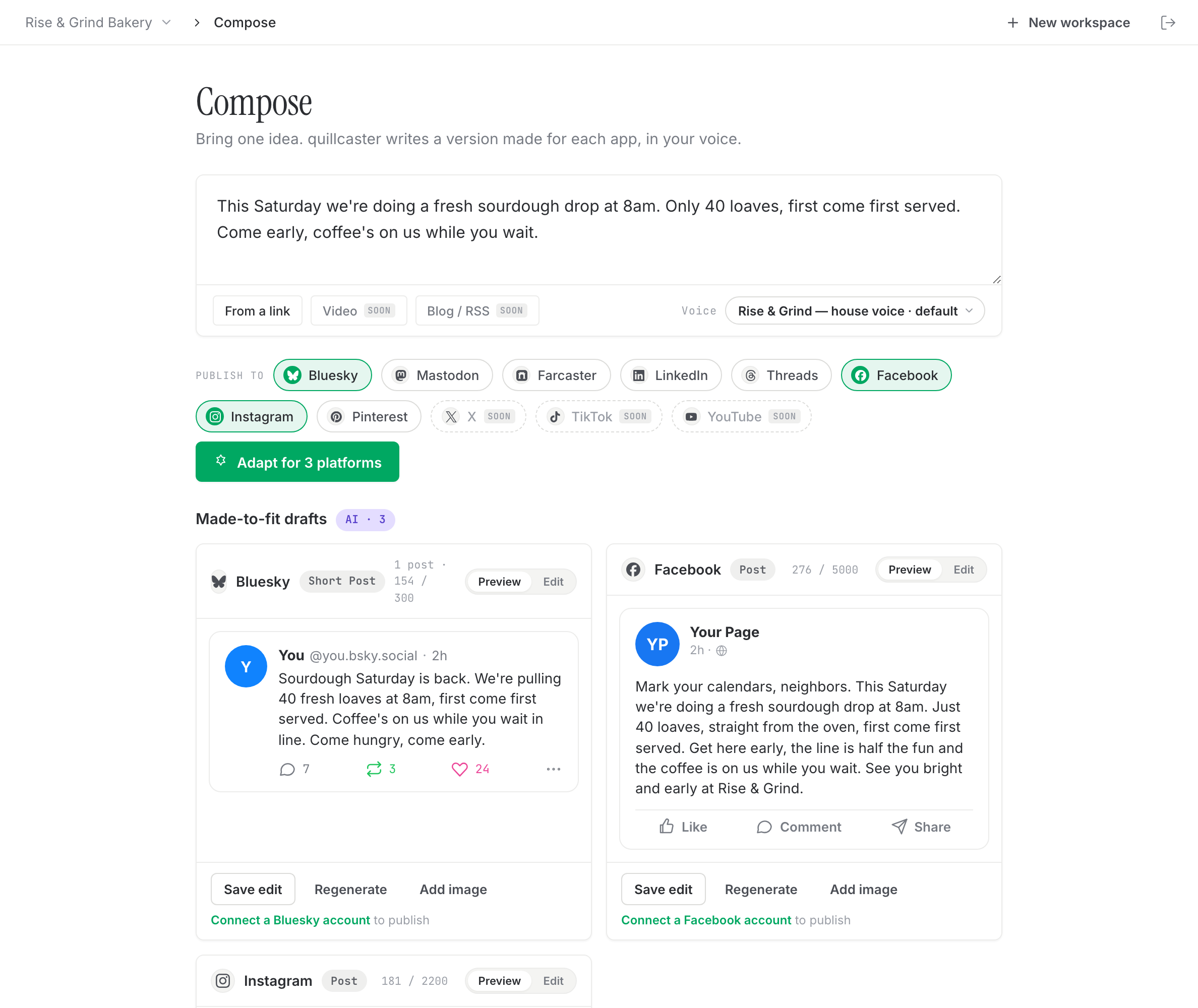 One bakery idea becoming a Bluesky, Facebook, and Instagram post in the shop’s voice