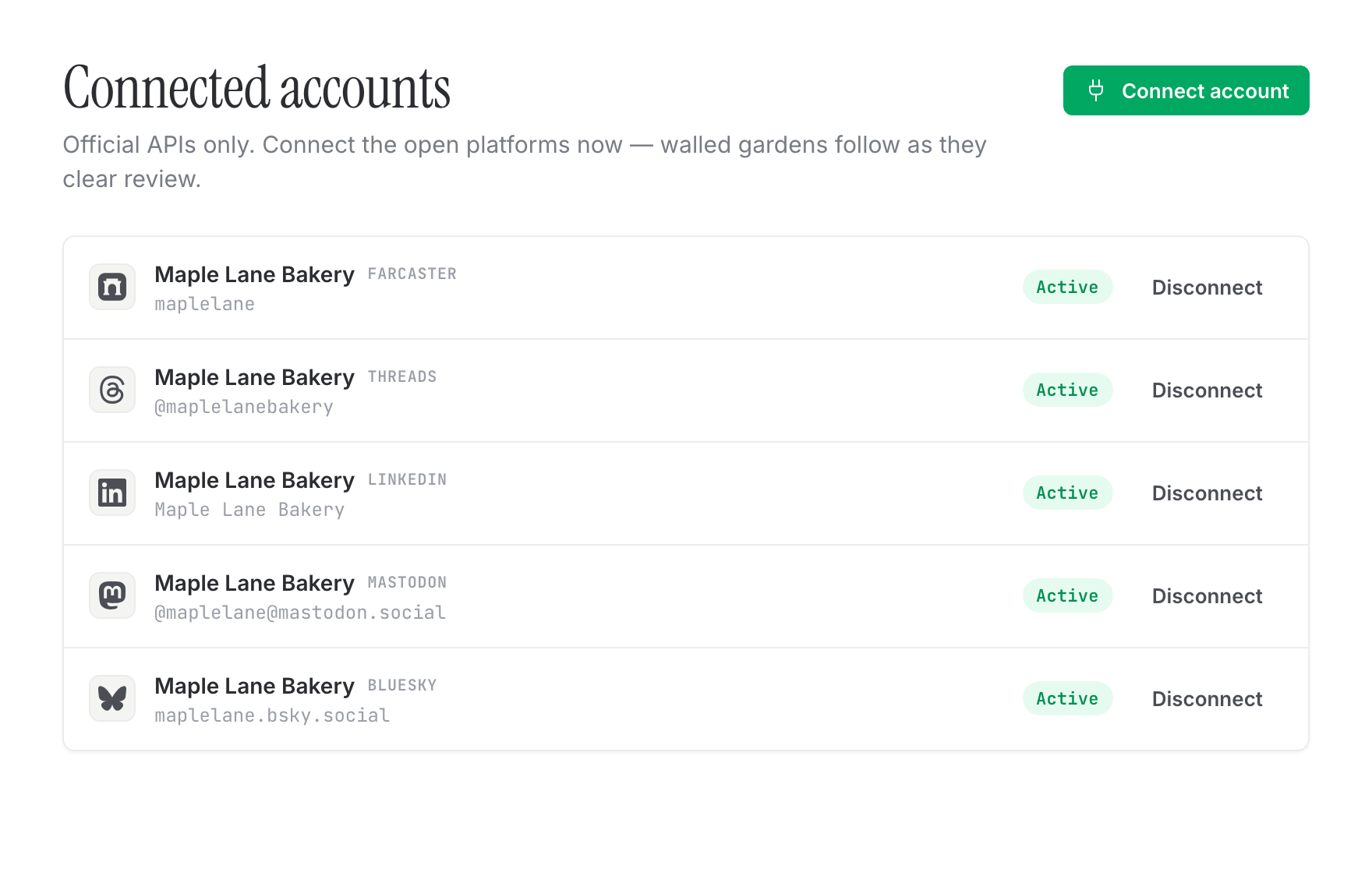 Connected accounts: Bluesky, Mastodon, Farcaster and more