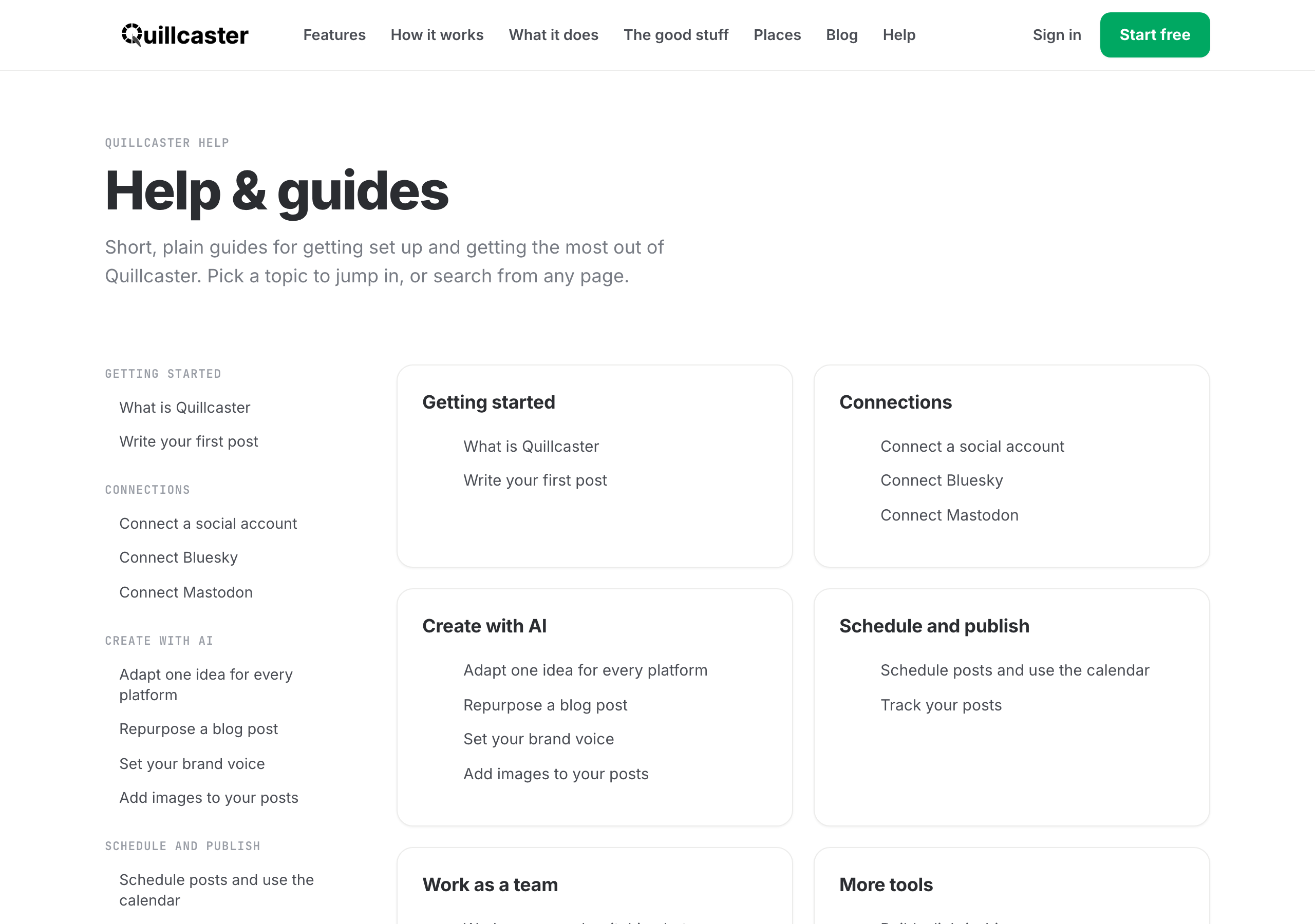 The Quillcaster help center with guides grouped by topic
