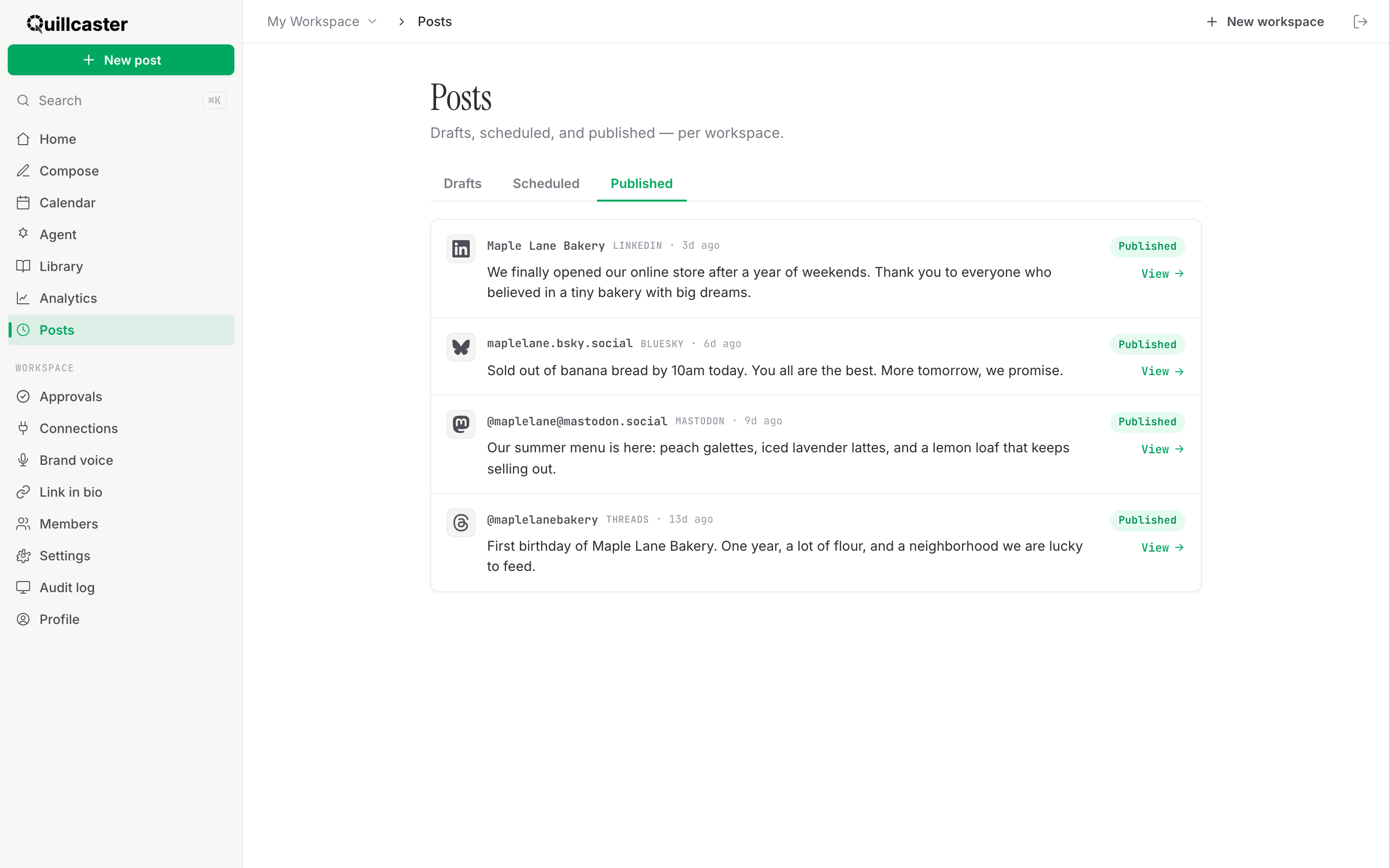 The posts view showing already-published posts
