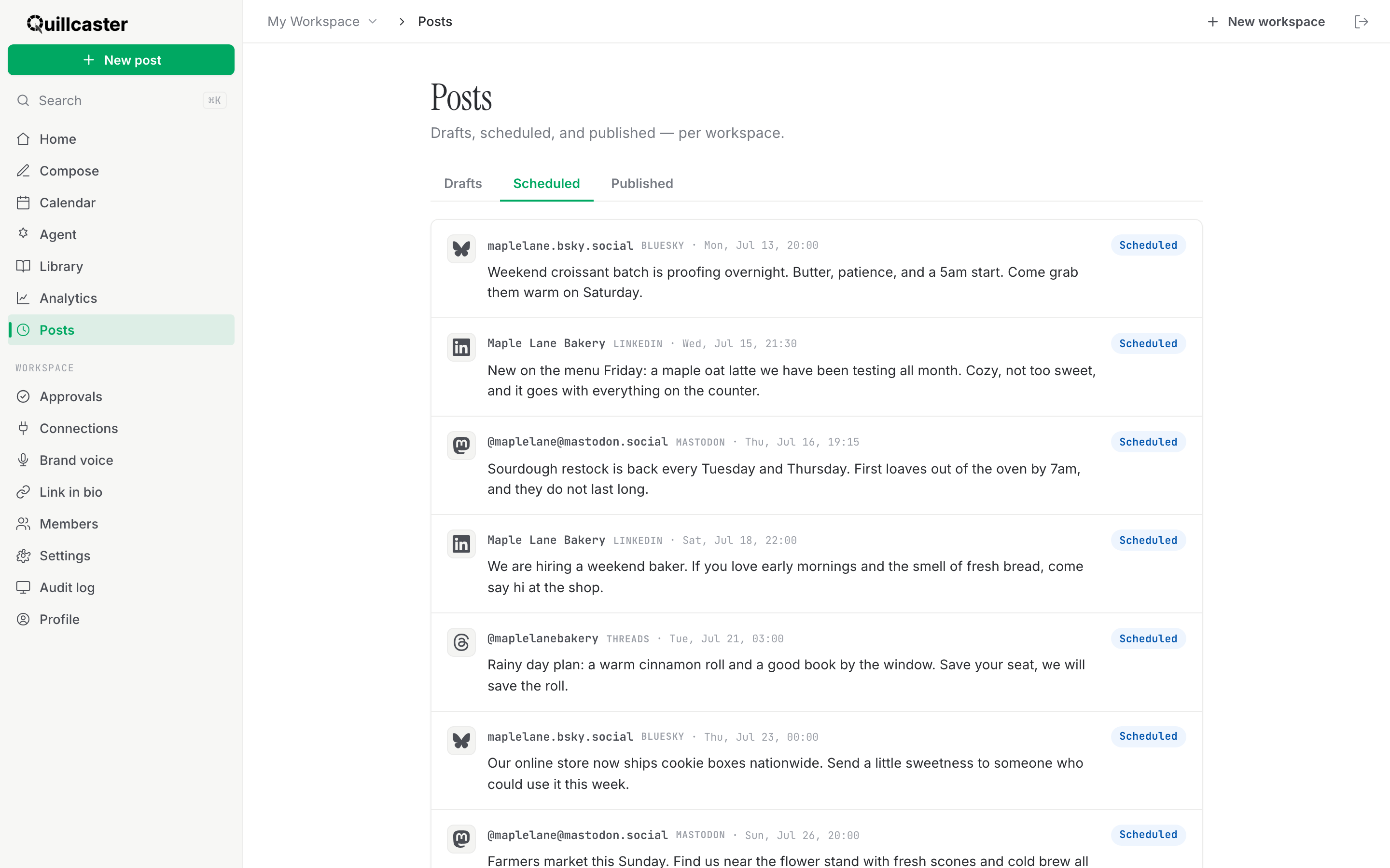The posts view showing scheduled posts in a tabbed list