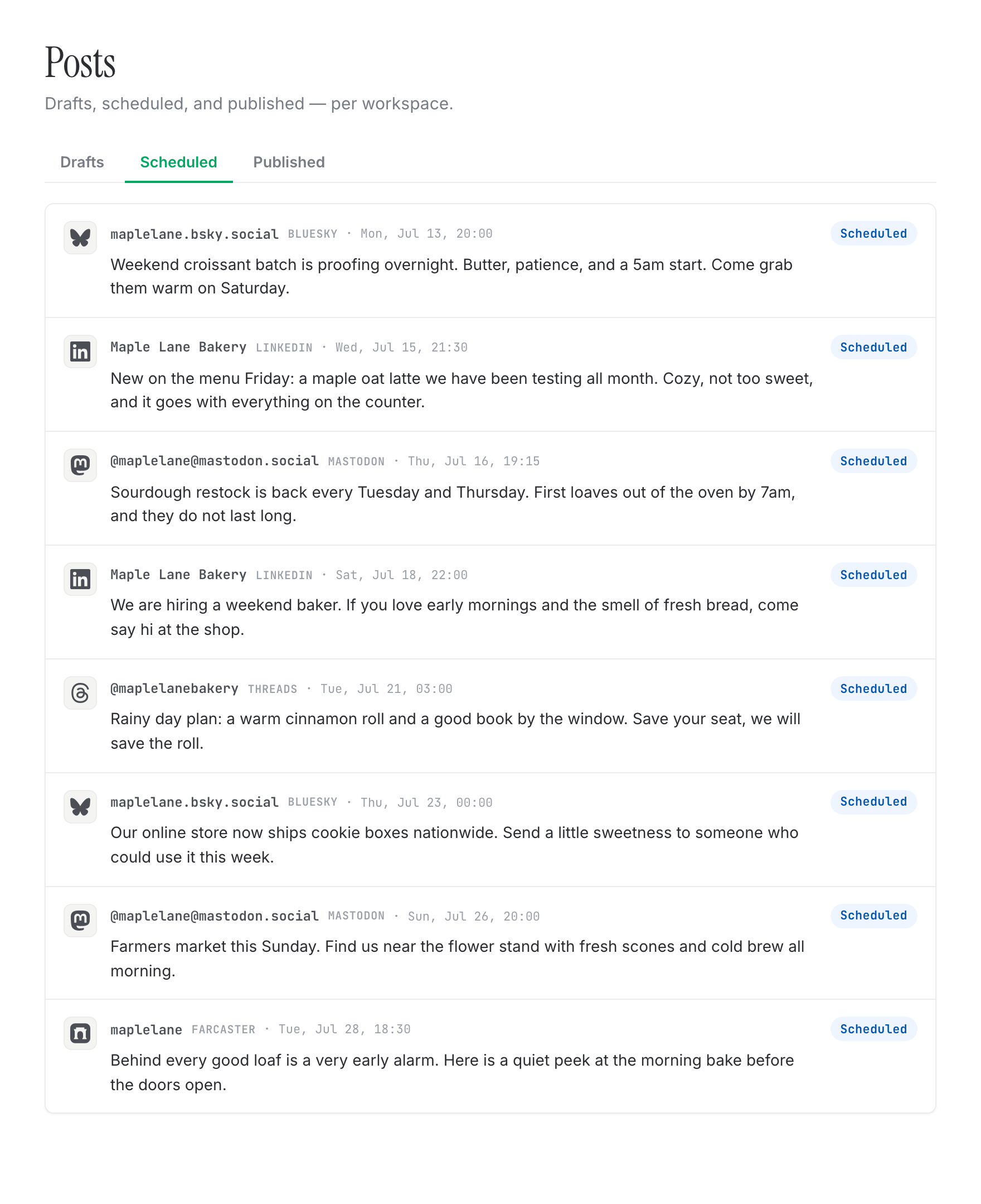 Scheduled posts across the week in Quillcaster