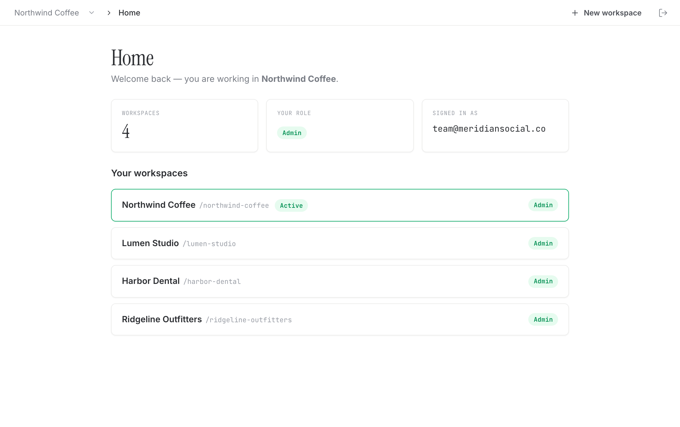 A list of client workspaces, each kept separate